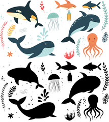 set of sea inhabitants, animals silhouette, vector