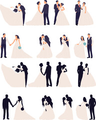 set of bride and groom silhouette, vector