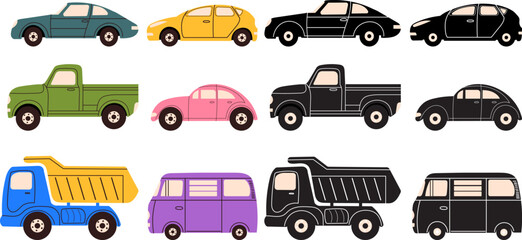set of cars in doodle style, vector