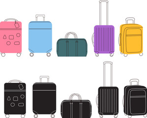 set of suitcases in doodle style, vector