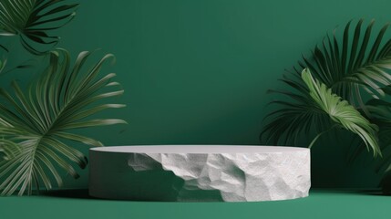 Green Product background with stone plinth and Tropical Leaves. Generative AI.