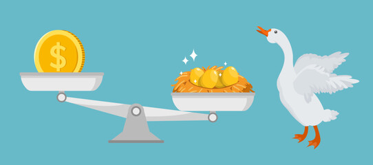 money and heavier golden eggs on balance scale