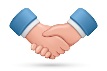 Handshake in the form of cartoon 3d icons, the concept of business and partnership, businessmen shake hands making a deal or agreement on a contract. Vector illustration, business meeting