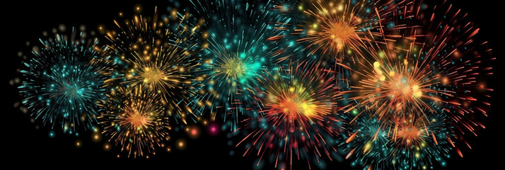 colorful illustration of a fireworks on a dark night background to celebrate new year or independence day as banner or header on social media, generative ai