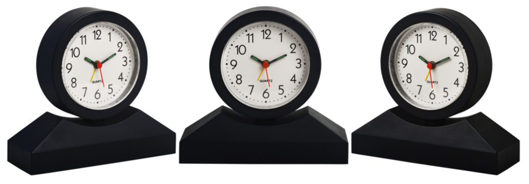 set of table quartz alarm clock different angles of view isolated