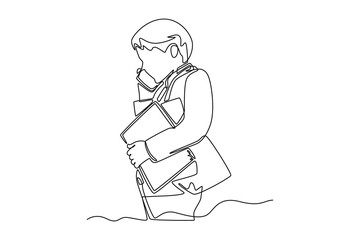 Continuous one line drawing smart boy called while carrying a lot of office files. Kids business activities concept. Single line draw design vector graphic illustration.