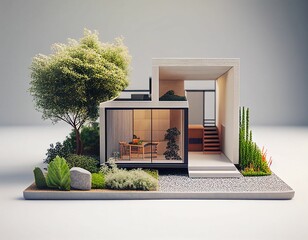 Simple modern minimalist home design with gardens and trees in the yard.  Generative AI.