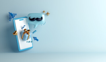 Happy Fathers Day decoration background, Prostate cancer awareness month with smartphone, mustache speech bubble, gift box, bell notification, heart shape, copy space text, 3D rendering illustration