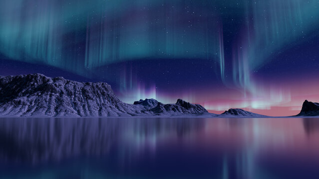 Beautiful Sky with Aurora and Stars. Blue Northern Lights Wallpaper with copy-space.
