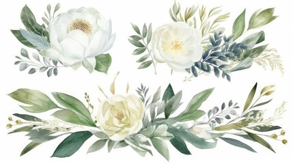 Watercolor floral illustration set, bouquets and wreath. White flowers