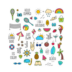 Summer Doodle Colorful Collection. Vacations and Beach Design Elements and Lettering in Doodle Style.