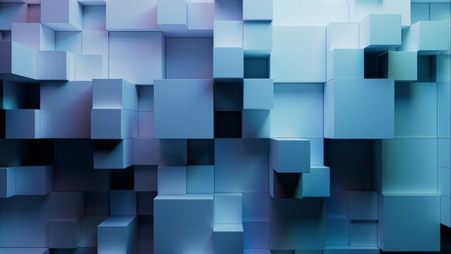 Precisely Constructed Multisized Cube Wall. Purple and Aqua, Futuristic Tech Wallpaper. 3D Render.