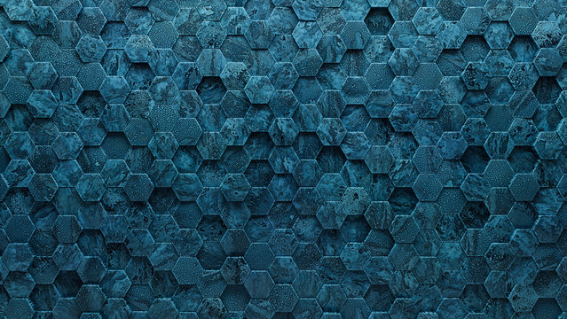 3D Tiles arranged to create a Blue Patina wall. Hexagonal, Polished Background formed from Textured blocks. 3D Render