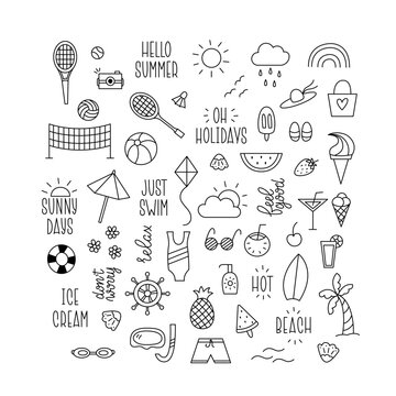 Summer Doodle Collection. Editable Stroke Outline. Summer and Beach Design Elements and Lettering in Doodle Style.