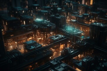 Fototapeta na wymiar glowing futuristic city. high tech city built on a circuit board. chatGPT concept art. Generative AI