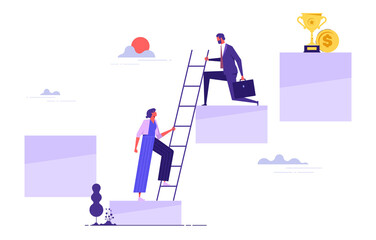 Career growth and supporting with giving a helping hand business concept flat style design vector illustration. Collective teamwork and partnership or mentoring metaphor