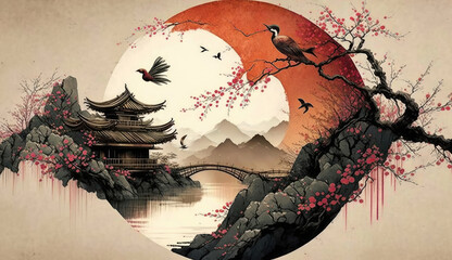 Serene Landscape, Japanese Painting Background AI Generated
