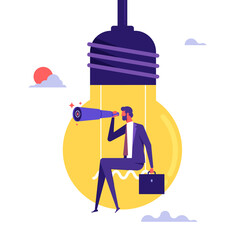 Search and brainstorm concept, creativity and imagination to create, inspiration for new idea, motivated man sitting on swing inside light bulb idea using telescope search new idea