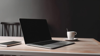 Fototapeta premium A laptop with a blank screen resting on a table, with a clean and simple desk setup, emphasizing the potential for productivity and creativity, with neutral colors and lighting