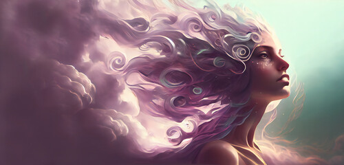 Water and smoke element woman goddess fantasy human representation. Generative AI illustration