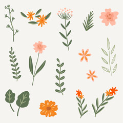 Flower set collection with leaves, Simple Abstract hand drawn, floral bouquets. Vector flowers. Spring art print with botanical elements. Happy Easter. Folk style. icons isolated on white background. 