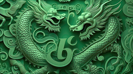 Chinese style green dragon, against the backdrop of bamboo rainforest. Generative AI