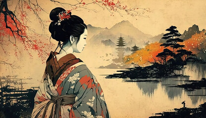 Serene Landscape, Japanese Painting Background AI Generated
