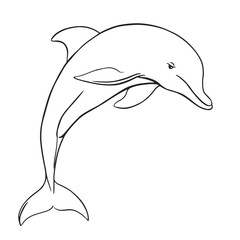 A cheerful dolphin jumping out of the water. Vector illustration in engraving style. Clipart for the emblem made with a thin black line on a white background.