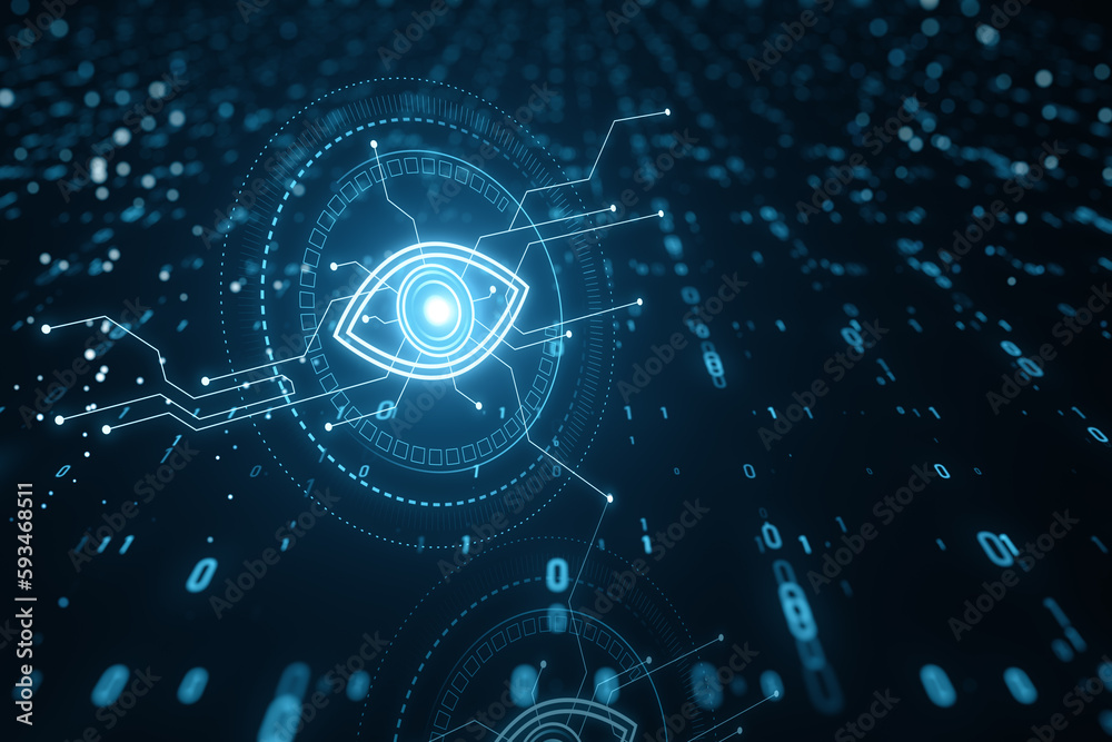 Aufkleber Cyber spy technology hologram, virtual eye of internet control surveillance and digital invigilation background with coding. 3D Rendering.