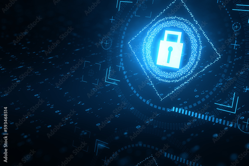Aufkleber glowing padlock interface on blurry backdrop. safety, security and protection concept. 3d rendering.