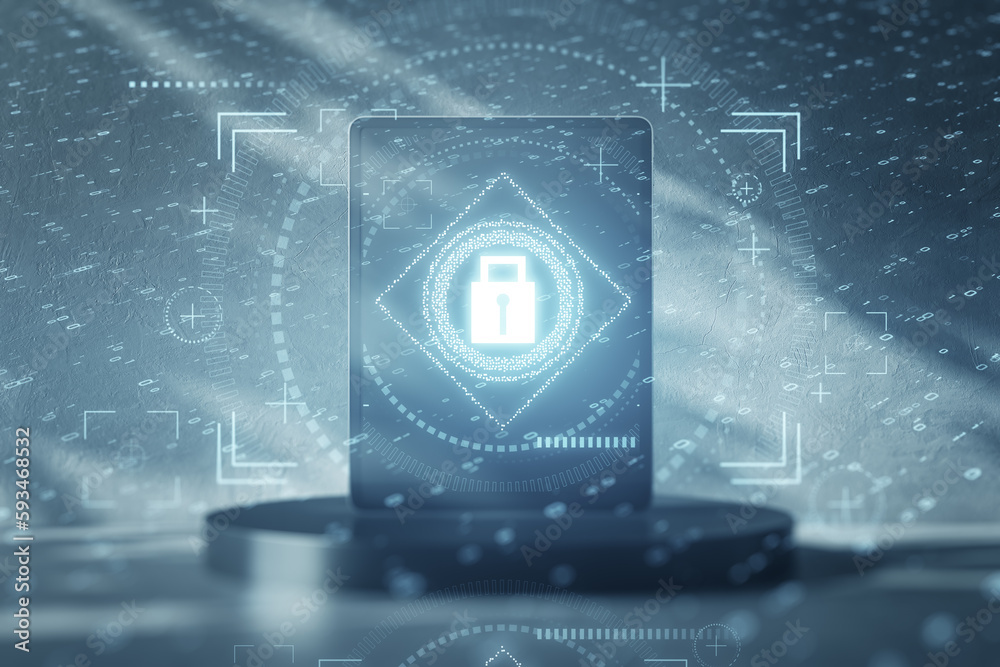 Poster close up of tablet with glowing padlock interface on concrete wall background. safety, security and 