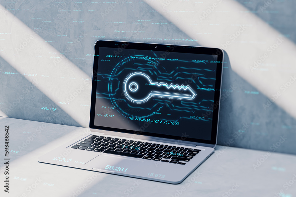 Poster Close up of laptop on desktop with glowing key hologram on blurry background. Virtual house and future concept. 3D Rendering.