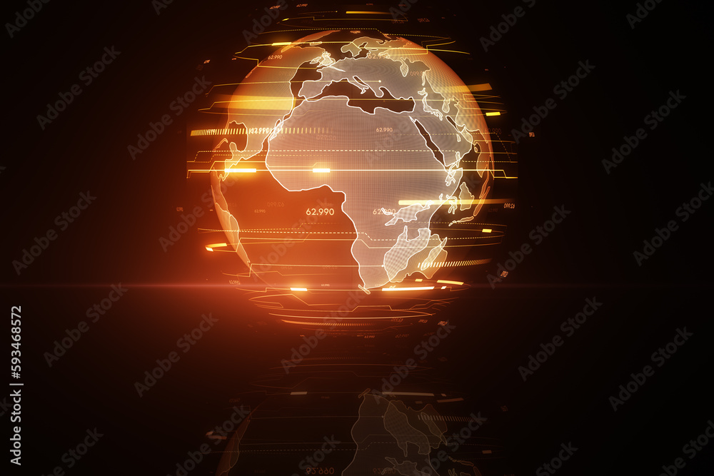 Poster Abstract glowing index globe hologram on dark background. Digital world and matrix concept. 3D Rendering.