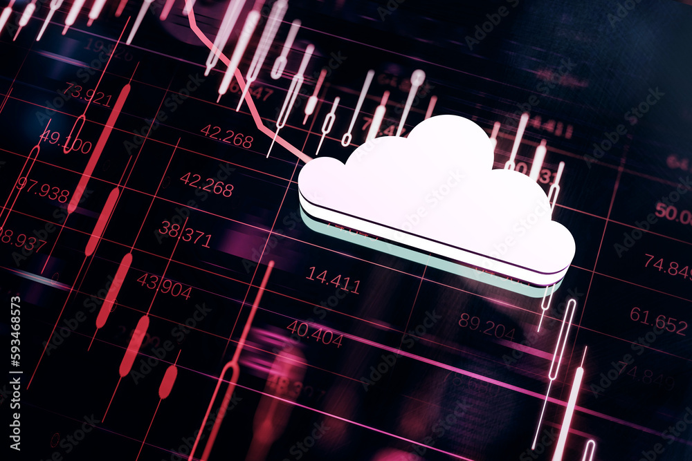 Aufkleber Abstract cloud on red forex chart backdrop. Market crisis and data server concept. 3D Rendering.