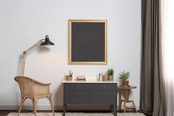 Frame mockup illustration on a home wall with furniture. Simple photo frame on a white wall with modern furniture. Home interior illustration with chair, desk, lampstand, and carpet. Generative AI.