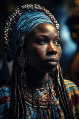 A portrait of a Yoruba woman wearing traditional clothing