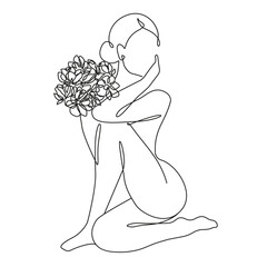 Woman Body Line Art Drawing. Nude Female Body Outline Trendy Illustration for Wall Decor, Prints, Posters. Minimal Linear Drawing of Woman Body with Flowers.