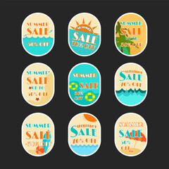 Set of Summer Sale stickers and discount banner in flat design.