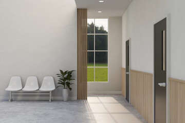 Modern minimal clinic or hospital corridor with waiting area interior design.