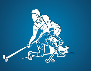 Field Hockey Sport Male Players Mix Action Cartoon Graphic Vector