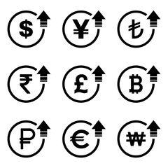 Cost symbol dollar euro increase icon. Income vector symbol image isolated on background