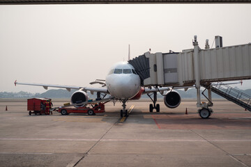 Aircraft parking at bay, Airbus320 parking, Aircraft connected with aero bridge, Aircraft operation