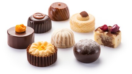 Assorted chocolates isolated on white background. Top view. Generative AI