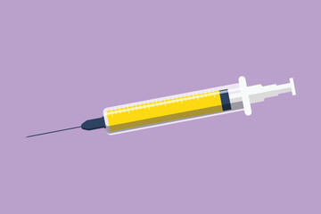 Fototapeta premium Character flat drawing medical disposable syringe with needle logo, symbol. Applicable for vaccine injection, vaccination illustration. Plastic syringe with needle. Cartoon design vector illustration