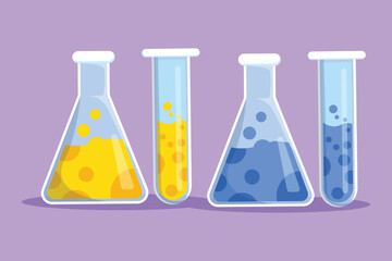 Character flat drawing stylized chemical research laboratory equipment logo, label, symbol. Chemistry laboratory glassware. Graduated lab test tube, beaker, flask. Cartoon design vector illustration