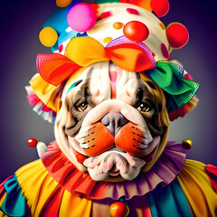 An English bulldog dressed as a clown, Generative AI