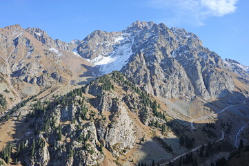 Mountain ranges with different trees and coniferous firs.