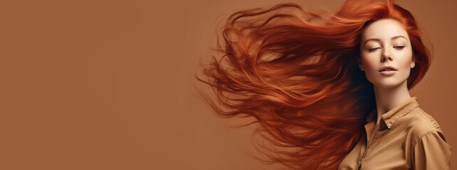 Beauty red hair woman for hair care product. Generative AI - obrazy, fototapety, plakaty