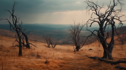 Fototapeta na wymiar landscape of dried and dead trees on a barren hill. Generative AI