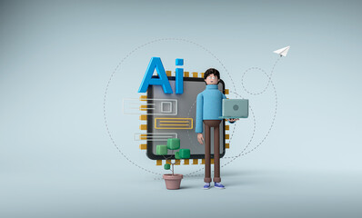 3d rendering. Cartoon man with a laptop uses a chat bot. Illustration.